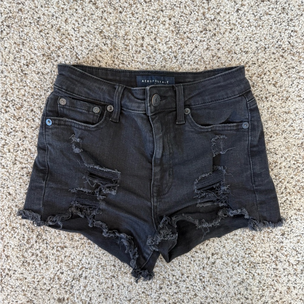 Aeropostale Women's Black Distressed Jean Shorts High Rise Shorty